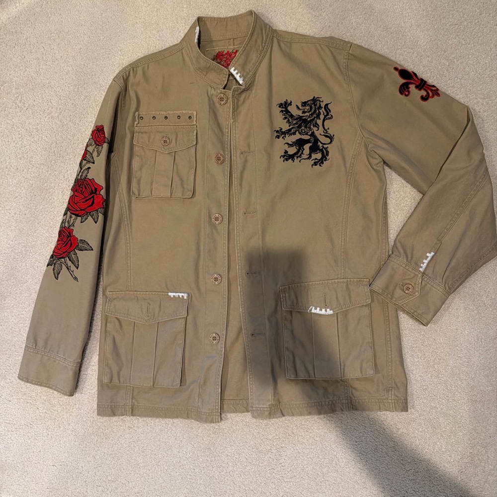Rebel Spirit Khaki Jacket with Black Lion and Red Roses